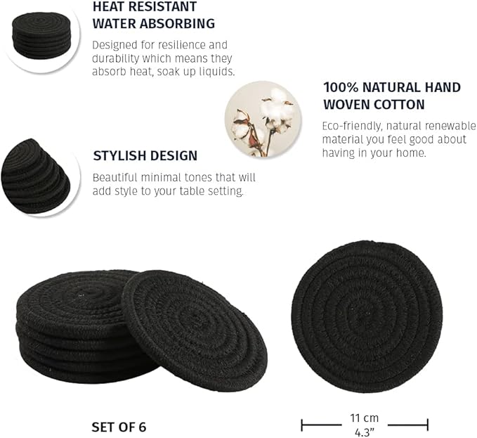 OrganiHaus Drink Coasters Set of 6, Absorbent Cotton Woven Cup Coasters, Rustic Farmhouse Boho Decor for Coffee Table and Drinks Protection, Cute Coaster for Drinks, Coaster for Office Desk - Black