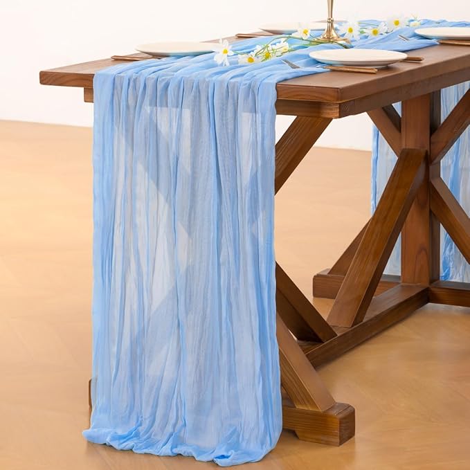 Socomi 6pcs Blue Valentine's Day Cheesecloth Table Runner Boho Rustic Gauze 120 inch 10FT Cheese Cloth Runner for Wedding Party Baby Shower Birthday Home Decor Holiday Decorations