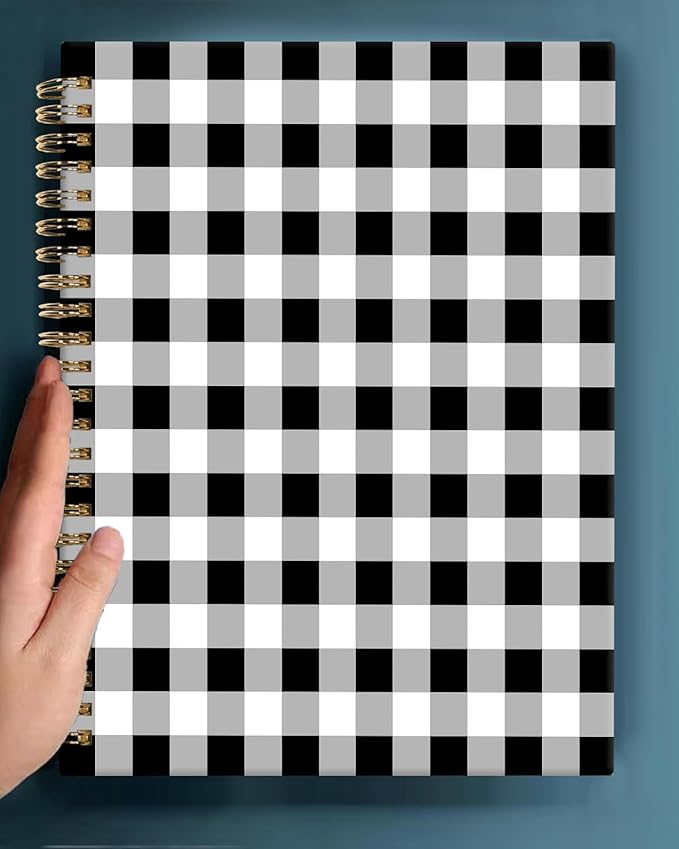 Spiral Journal Notebook,A5 Hardcover Lined Journals for Women 6 x 8.3 in,60 Sheets 120 Pages Thick Paper,Cute College Ruled Writing Notebook for Office Work School(Black White Check Lattice Plaid)