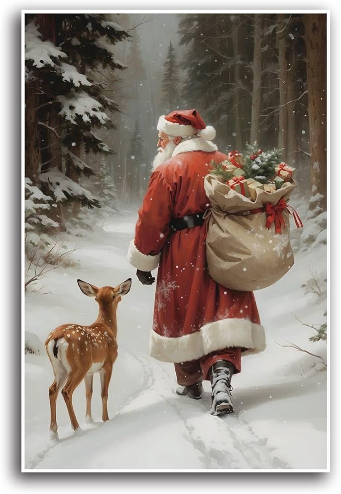Canvas Wall Art Vintage Santa Claus Print Christmas Wall Art Reindeer Painting Christmas Holiday Decor Winter Forest Painting 24x36in-UnFramed
