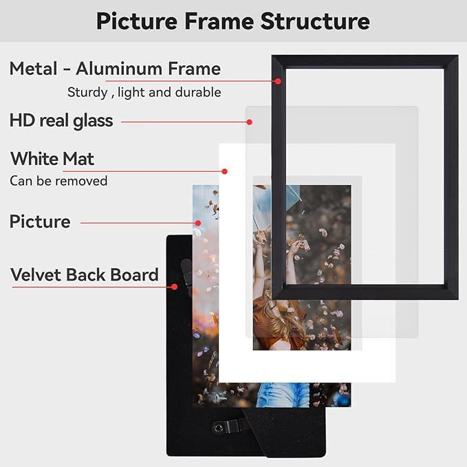 3x4 Picture Frame Set of 3, Black Aluminum Metal Photo Frames with HD Glass, Fits 2x3 with Mat or 3 x 4 without Mat, Display for Wall and Table