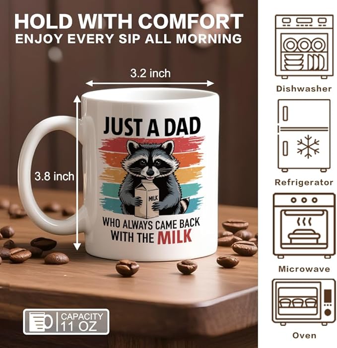 Just A Dad Who Always Came Back With The Milk Coffee Mug, Cute Raccoon-Themed Gifts for Raccoon Lover Dad Grandpa Uncle Men, Appreciation Retirement Baby Shower Gifts for Expecting Father