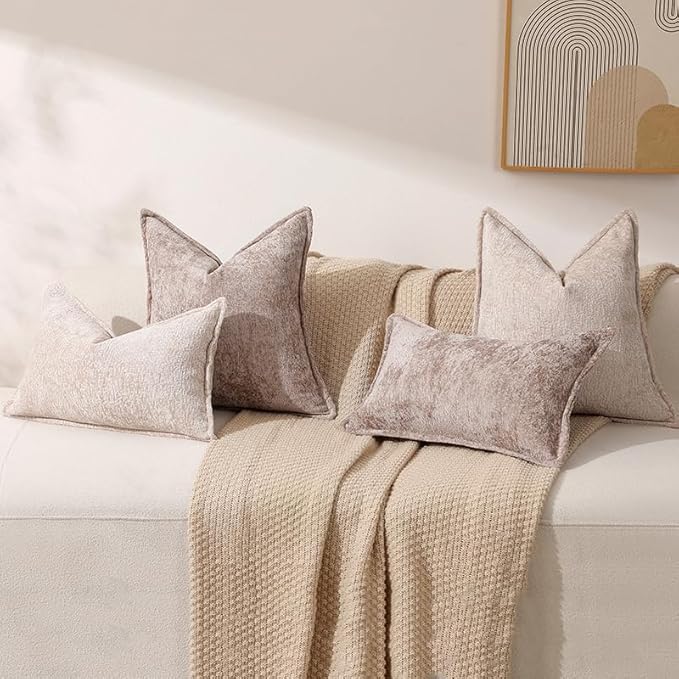 Pack of 2 Khaki Decorative Throw Pillow Covers 20x20 Cozy Soft Chenille Accent Vintage Square Couch Pillow Covers for Home Decor Bed Sofa Living Room
