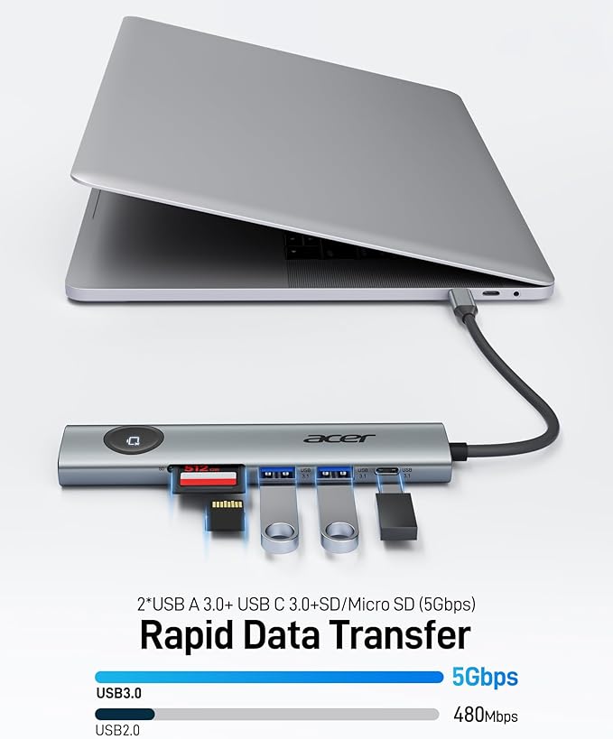Acer USB C Hub, 7 in 1 USB-C to HDMI Multiport Adapter 4K@60Hz, 100W PD, 2 USB A 3.1 + Type-C 3.1 5Gbps Data, SD Card Reader, USBC Dongle Compatible with Acer/Dell XPS/HP/Mac/Surface etc