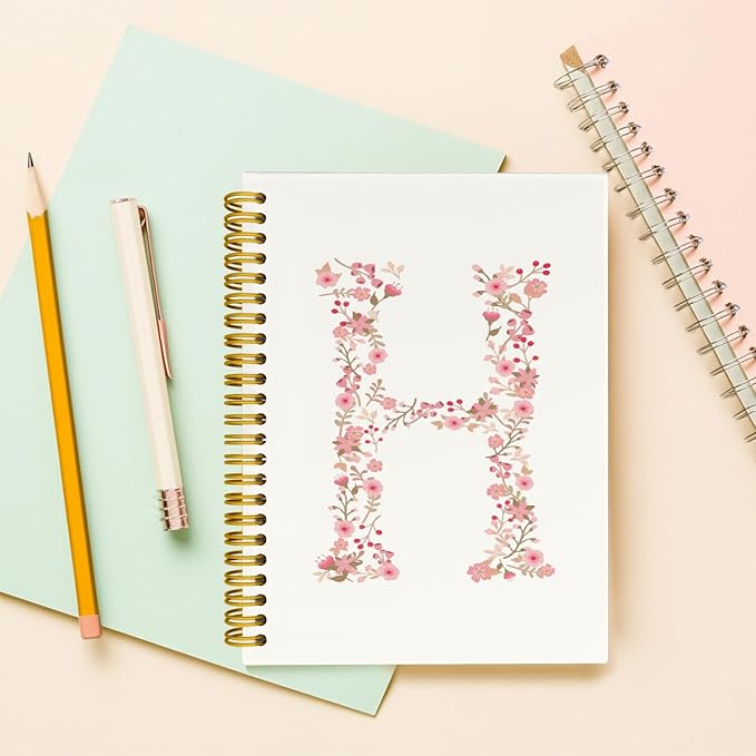 Pink Cute Spiral Notebook Journal, Preppy Floral Initial Letter H Personalized Journaling Notebooks, Monogrammed Gifts for Women Girls, Botanical Hardcover Spiral Lined Notebook 5.5 x 8.3