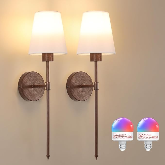 Battery Operated Wall Sconces Set of 2, Walnut Color Wall Lamp 5000 mAh Rechargeable Bulb with 12 RGB Colors Dimmable Wall Sconce for Living Room Bedroom