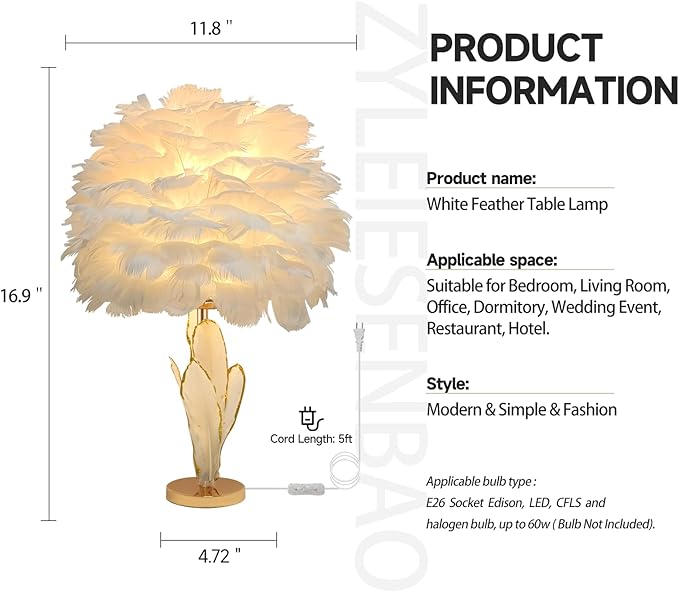 Chic White Feather Lamp Creative Furry Table Lamp Modern Feather Desk Lights Romantic Princess Bedside Nightstand Light for Teen Girls Bedroom Decor Living Room Wedding Christmas Kids Room