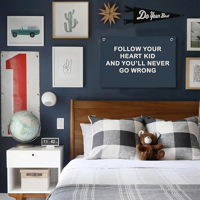 Boy Nursery Decor, Inspirational Wall Decor Hanging Linen Banner, Navy Blue Motivational Wall Flag for Kids Boys Room Playroom Nursery Decor, 20x30 Inch