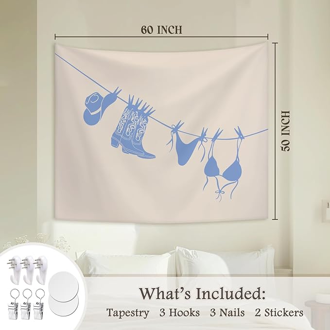 STHTTSW Blue Coastal Cowgirl Tapestry, Western Cowgirl Tapestries Wall Blanket, Preppy Girly Aesthetic Wall Hanging Decor for Teen Girl Women College Dorm Apartment Bedroom, 50x60 Inch