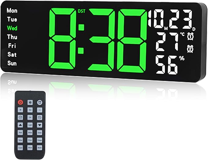 Digital Wall Clock Large Display, 17.3" Digital Clock with RGB Color Remote Control, Auto-Dimming Big Wall Clock with Night Light,Auto DST,Date Week,Temp for Home Decoration, for Elderly (Green)