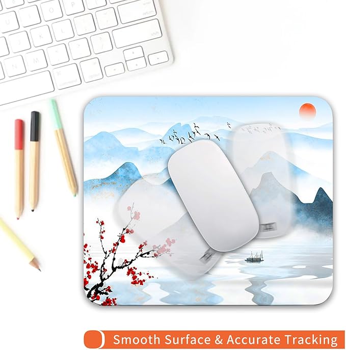 Square Mouse Pad Ink Painting Landscape, Personalized Premium-Textured Custom Mouse Mat Design, Washable Mousepad Cloth, Non-Slip Rubber Base Computer Mouse Pads for Wireless Mouse