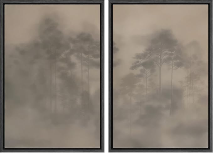 SIGNWIN Framed Canvas Print Wall Art Set Foggy Pine Forest Minimalist Monochrome Nature Illustrations Modern Art Scenic Colorful for Living Room, Bedroom, Office - 16"x24"x2 Black
