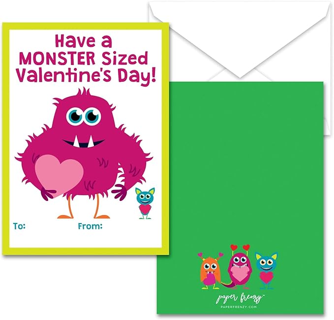 Paper Frenzy Friendly Monster Themed Valentines - 25 pack WITH ENVELOPES