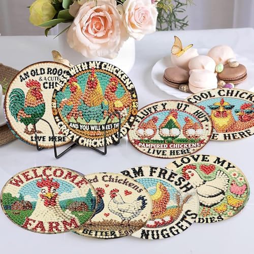 8 Pcs Chicken Diamond Art Coasters Kits, Diamond Painting Coasters Kits ﻿ ﻿ - Image 3
