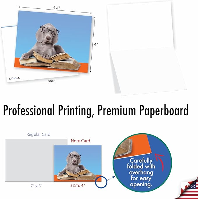 The Best Card Company - 10 Blank Dog Greeting Cards for All Occasions (4 x 5.12 Inch) - Reading Eye Dogs M3967