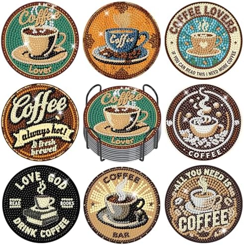 Diamond Art Coasters Kit for Adults, 8PCS Coffee Coasters with Holder by GEEHEIY