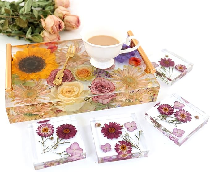 Resin Tray Molds Silicone - 13.5" Large Deep Rectangle Molds for Resin with 4pcs Coasters and Flowers Preservation Epoxy Art Making