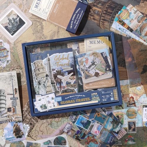 ATIRAMANIYA 346pcs Vintage Scrapbook Kit Aesthetic Junk Journal Set with Stickers, Washi Tape, A6 Notebook & Decorative Paper, All-in-One Scrapbook Kit Stationery (Global Travel) - Image 2