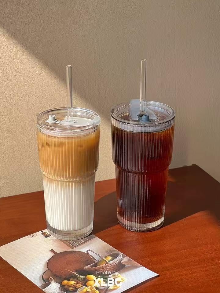 20oz Ribbed Glass Tumbler with Straw & Lid – 2 Pack Iced Coffee Cups,Glass Mug for Cold & Hot Beverages Travel Cup for Smoothies, Tea, and Juice - Image 2