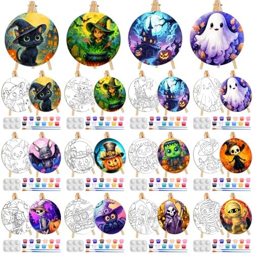 Supervitae 72 Piece Halloween Round Pre Drawn Canvas Kit 5.9" Paint and Sip Kit for Adults Painting Party Pre Printed Canvas DIY with Pictures Paints Easels Brushes for Party Gifts by Supervitae