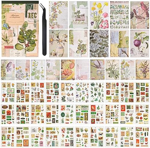 Vintage Washi Stickers for Scrapbooking, Aesthetic Sticker Book for Journaling with 30 Sheets Scrapbook Stickers and 20 Sheets Scrapbook Papers for Bullet Junk Journals Set for Adults with Tweezers by Ahmagen
