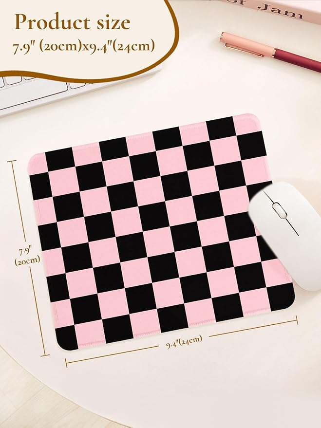 Cute Pink Mouse Pad,Retro Checkered Pattern Mousepad,Square Aesthetic Plaid Waterproof Grid Mouse Mat Design, Non-Slip Rubber Base Computer Funny Boho Mouse Pads, Desk Accessories,Black Pink