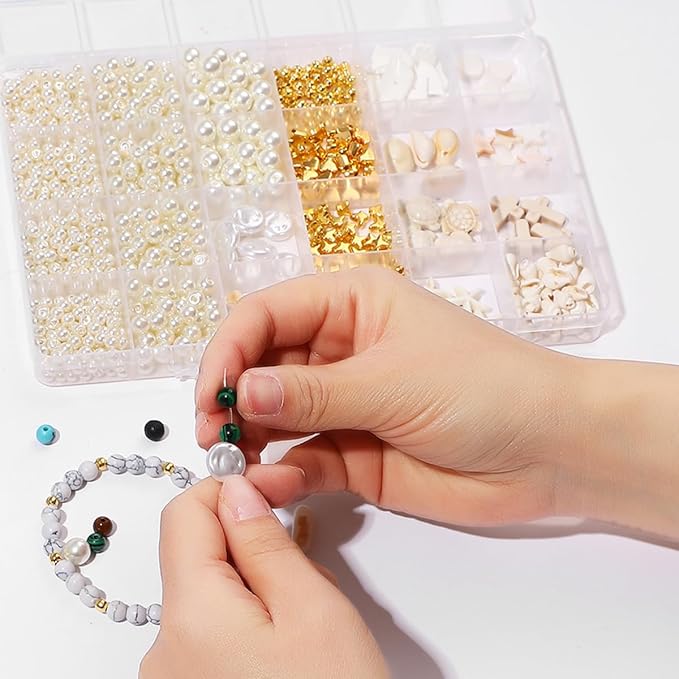 1000Pcs Pearl Beads for Bracelets Making -4mm 6mm White Pearl Beads with Gold Spacer Bead & Shell Jewelry for Bracelet Necklace DIY Craft Making Kit, Beach Theme Friendship Jewelry Making Kit