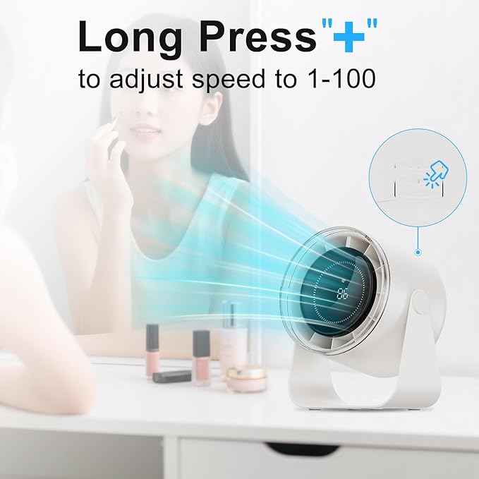 Small Desk Fan, 28dB Ultra-Quiet Desktop Air Circulator with 115° Adjustable Tilt, 100 Speeds, Rechargeable Battery, USB-Powered, Portable for Bedroom, Office, Kitchen, Travel -White