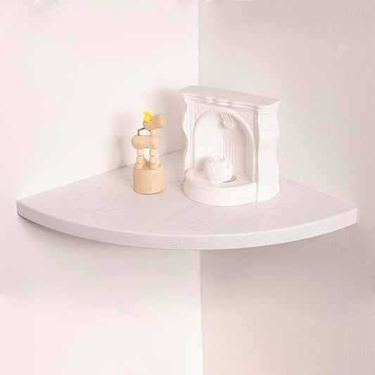 Floating Corner Shelves White 12", Solid Oak Wall Mounted Wooden Display Storage Rack with Wire Hole for Plants, Photos, Speakers, Bedroom, Kitchen, Living Room Décor - 1-Pack