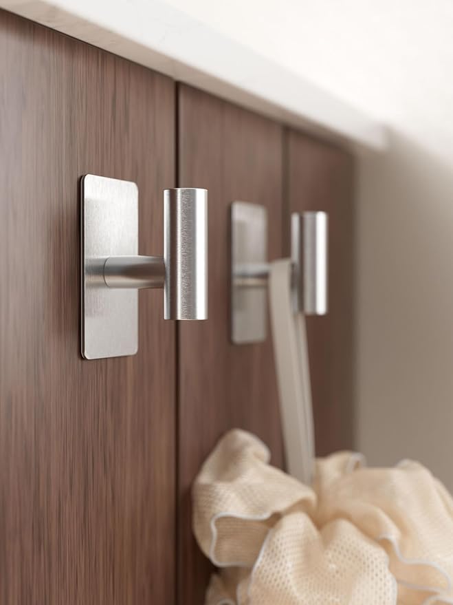 Towel Hooks for Bathrooms – 4 Pack, Brushed Silver Finish, T-Shaped Stainless Steel Adhesive Wall Hooks for Robes & Towels in Kitchen, Shower, or Closet