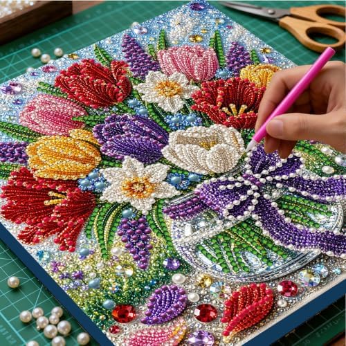 DIY Pearl Painting Kit for Adults, Tulip Flower Gem Art with Wood Frame, 20x20cm Pearl Diamond Craft, Floral Wall Decor Gift for Women, Beginners Relaxing Hobby Kit - Image 2
