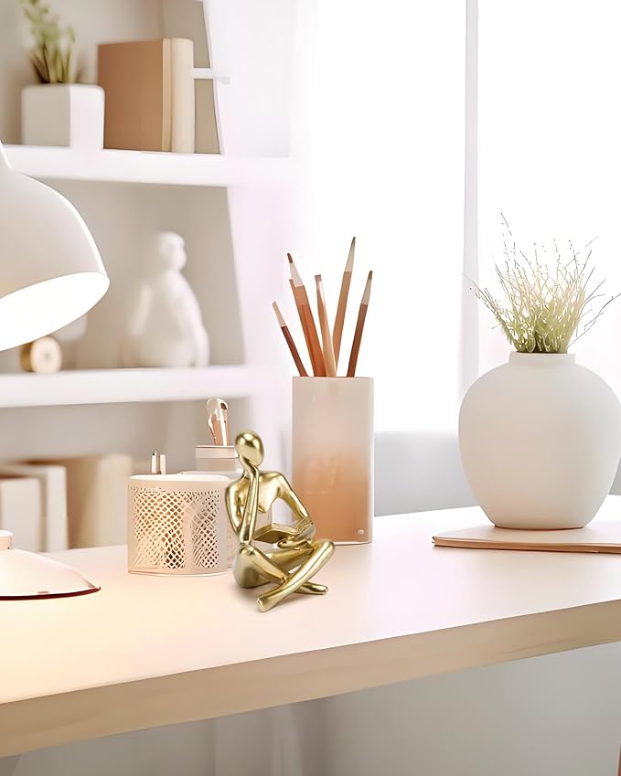 Prettidecor Reading Thinker Statue, Sculptures Abstract Art Ornament, Modern Aesthetic Figurine Decoration Set of 2 Status for Home Living Room Bedroom Office Shelf Table Desk Bookshelf Decor (Gold)