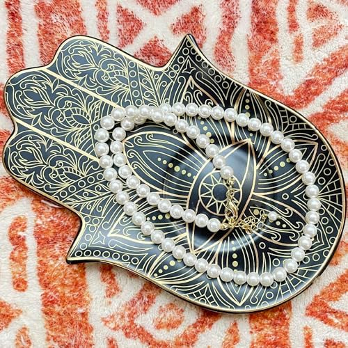 Exquisite Small Ceramic Jewelry Tray - Trinket Dish Evil Eye Decor, Gold Plate Ring Holder, Modern Boho Home Essentials, Perfume Organizer, Witchy, Aesthetic Room Decor (Black Hamsa) - Image 2