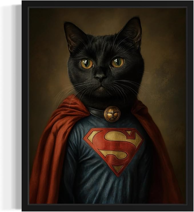 Superhero Portrait Art Poster Print, Cat Kitten Painting Humor Portrait Pet Artwork Decor Gallery A8 (Superhero, 16 x 20 inches, Black Frame)