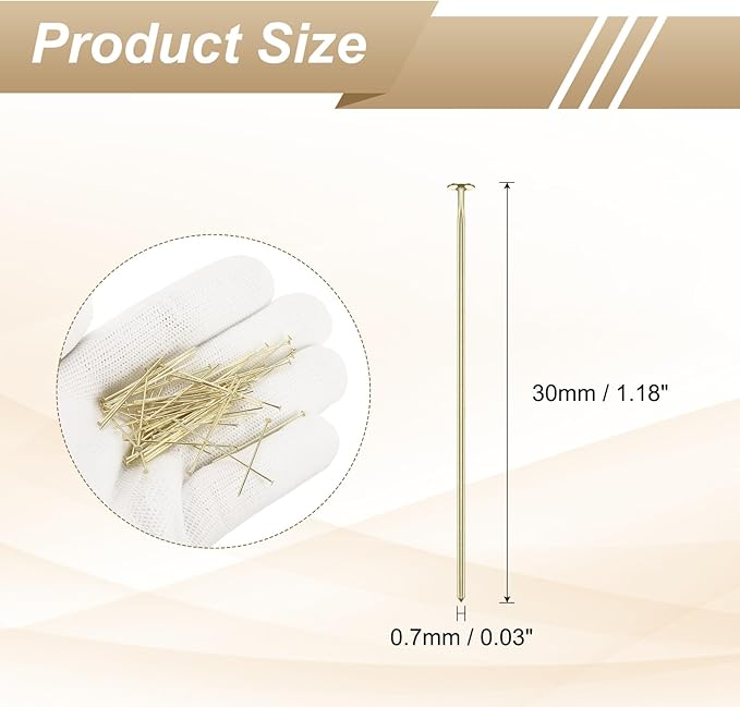 HARFINGTON 100pcs Flat Head Pins 1.18" 30mm Needles Bulk for Earring Pendant Necklace Bracelet Charm Jewelry Making Findings DIY Craft, 14K Gold