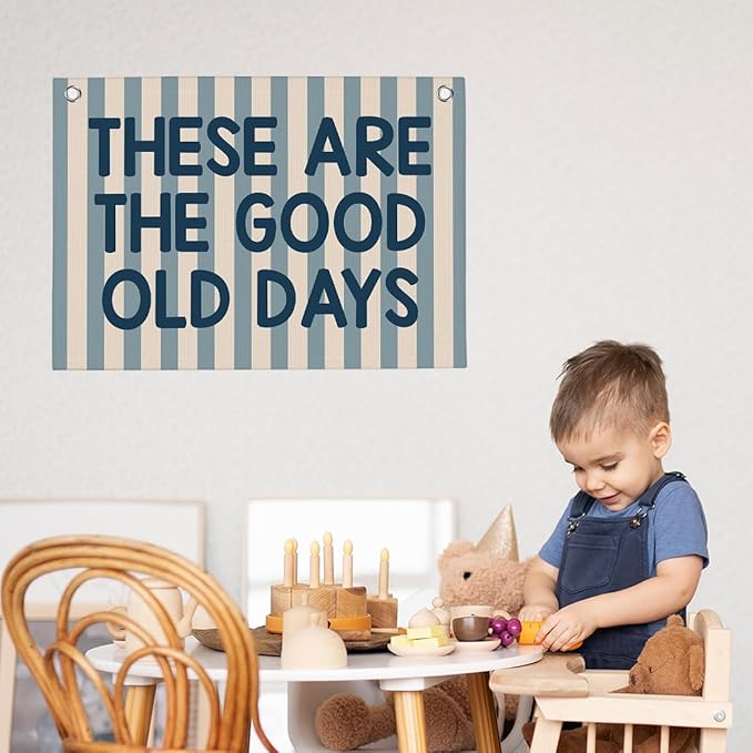 Retro Blue Blue Stripes These Are The Good Old Days Banner Vintage Banner Wall Decor Wall Hanging Boys Girl Play Bedroom Dorm Room Decor 22x28 Inch