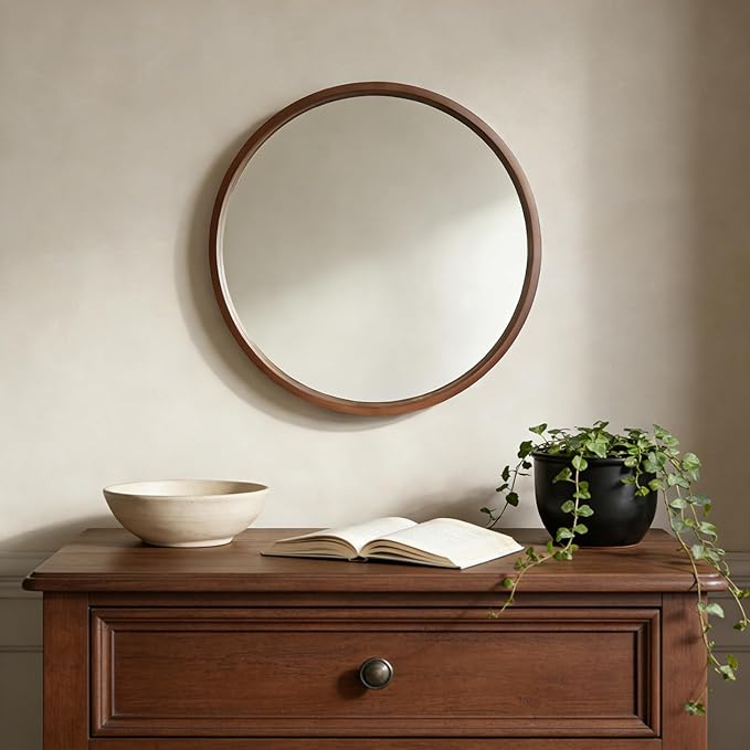WallBeyond 24 Inch Round Wood Mirror, Circle Wooden Frame Wall Mirror for Bathroom, Living Room, Bedroom, Entryway (Walnut)