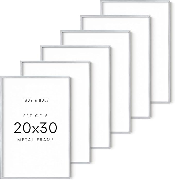 HAUS AND HUES 20x30 Silver Metal Picture Frames - Premium Aluminum with Vertical & Horizontal Hanging, Shatterproof Plexiglass - Perfect for Home or Office (20x30 in, Silver, Set of 6)