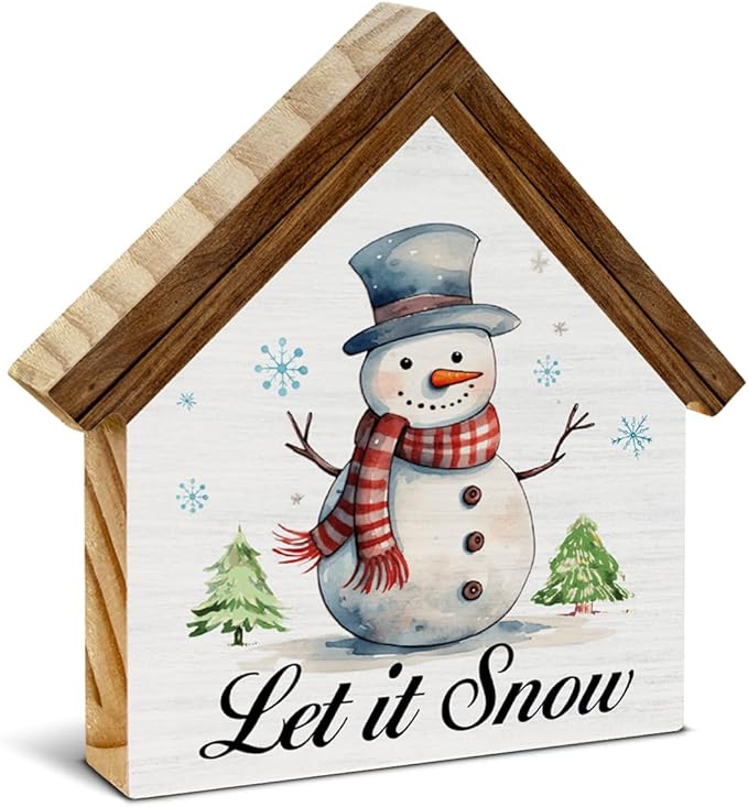 Let It Snow Sign, Christmas Snowman Decor, Winter Snowman House Shaped Wooden Sign， Christmas Home Decor for Desk Table Shelf