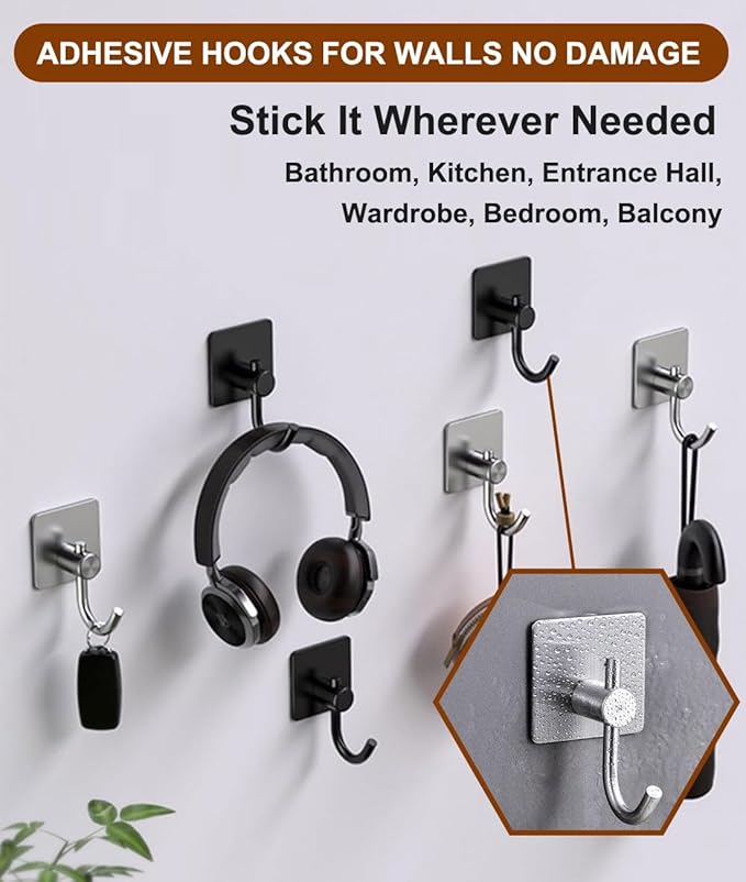 Self Adhesive Towel Hooks for Bathrooms, Sturdy Wall Hooks for Walls No Damage, Waterproof Rustproof Stainless Steel Sticky Hooks for Hanging Shower, Bathroom, Kitchen, Robe, Coat, Silver