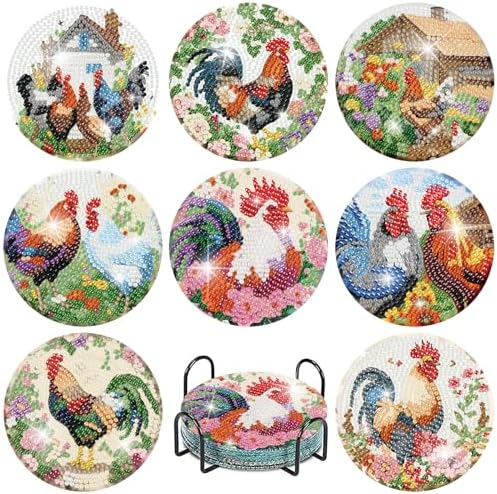 askkqtx 8 Pcs Chicken Diamond Art Coasters Kits with Holder 4X4 Inch by askkqtx