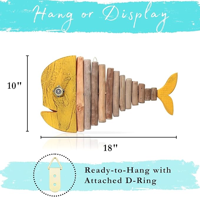 Mint Bucket Brands Driftwood Fish Nautical Wall Decor - 18" x 10" Handmade Wooden Rustic Coastal Wall Art for Living Room, Bedroom, Office, Bathroom - Ocean Beach Decoration (Goldie)