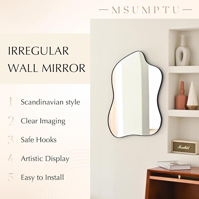 Irregular Wall Mirror Black Wave Shaped Metal Framed Wall Mirror for Bathroom Bedroom Entryway Living Room Wall Decor 24" L x 18" W 2305B
