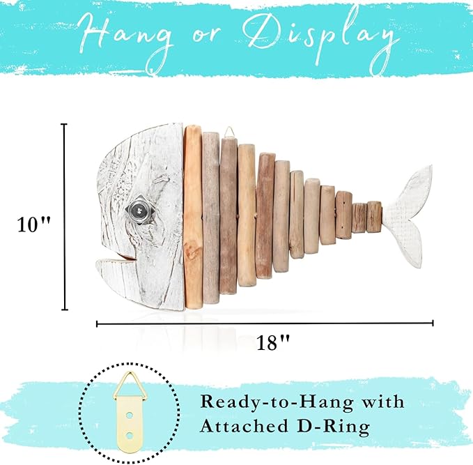 Mint Bucket Brands Driftwood Fish Nautical Wall Decor - 18" x 10" Handmade Wooden Rustic Coastal Wall Art for Living Room, Bedroom, Office, Bathroom - Ocean Beach Decoration (Crystal)