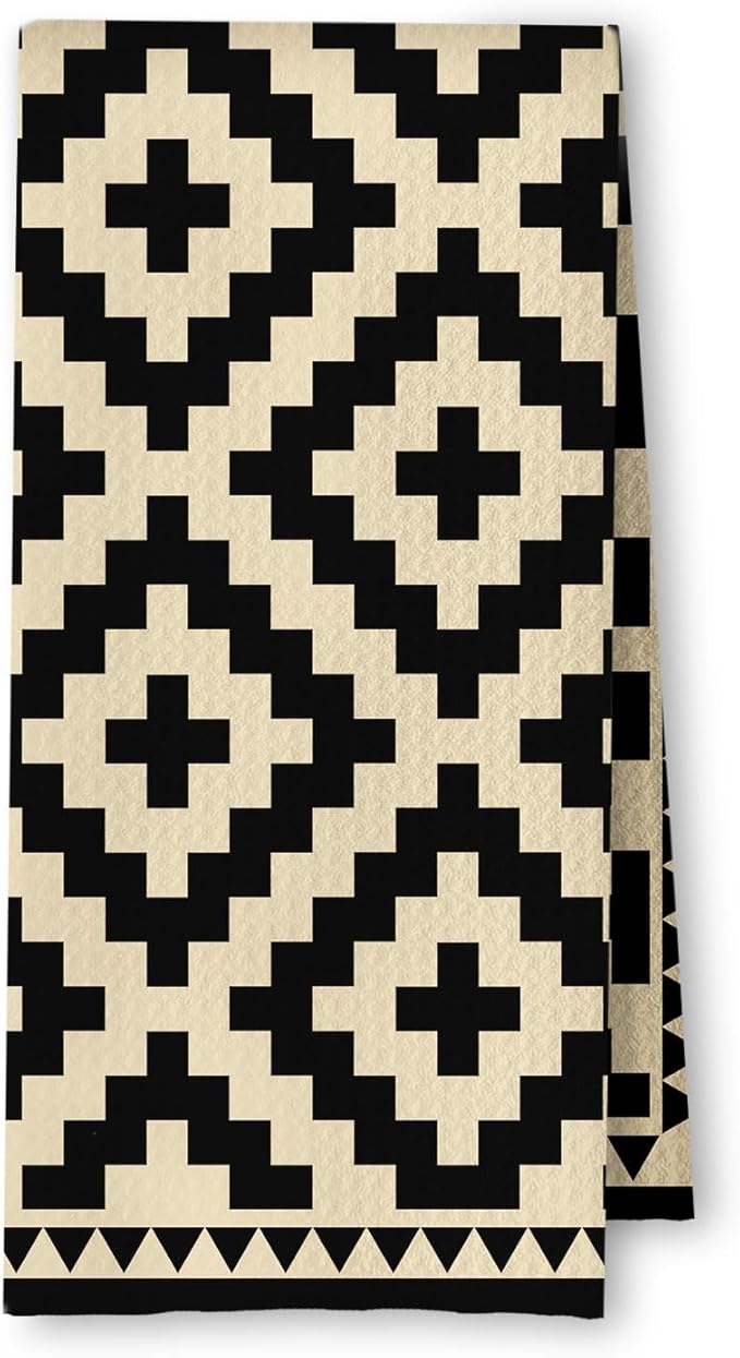 Neutral Abstract Kitchen Towels, Beige and Black Minimalist Dish Tea Towels for Kitchen Decor, Black and Cream Retro Mid Century Modern Decorative Hand Towel for Bathroom, 16x24 Inches