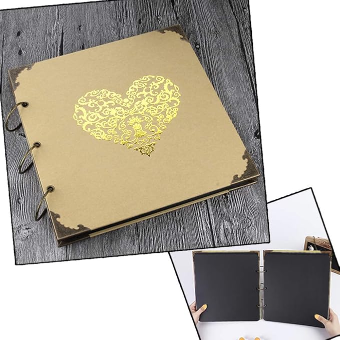 Photo Album DIY Scrapbook, 10x10 inch 50 Pages Double Sided, Vintage Hardcover Three-Ring Binder Picture Booth with 408pcs 6 Colors Self Adhesive Photos Corners (Champagne, Gold Blocking Heart)