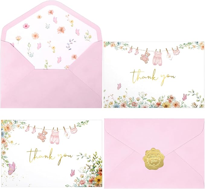 50 Pack Pink Baby Shower Thank You Cards Shower Pink Gold Foil Greeting Card with Envelopes And Stickers Set Bulk for Baby Shower Birthday Party (Pink Gold)