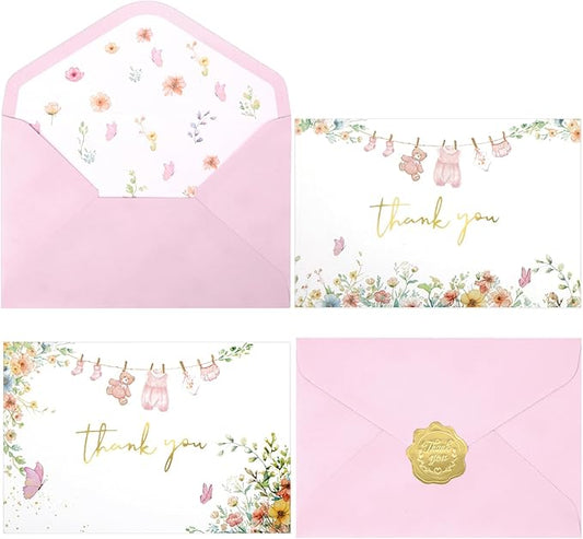 50 Pack Pink Baby Shower Thank You Cards Shower Pink Gold Foil Greeting Card with Envelopes And Stickers Set Bulk for Baby Shower Birthday Party (Pink Gold)