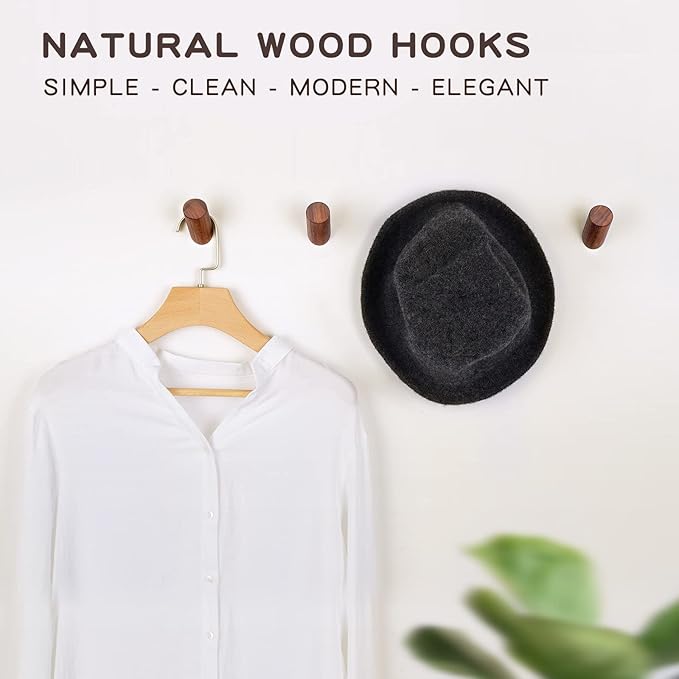 Wall Hook 4 Pack, Wood Coat Hooks Hat Rack, Modern Wooden Hooks for Hanging Hats Coats Towels Planter, Entryway Wall Hanger (Walnut Wood)