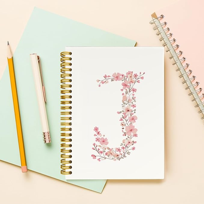 Pink Cute Spiral Notebook Journal, Preppy Floral Initial Letter J Personalized Journaling Notebooks, Monogrammed Gifts for Women Girls, Botanical Hardcover Spiral Lined Notebook 5.5 x 8.3